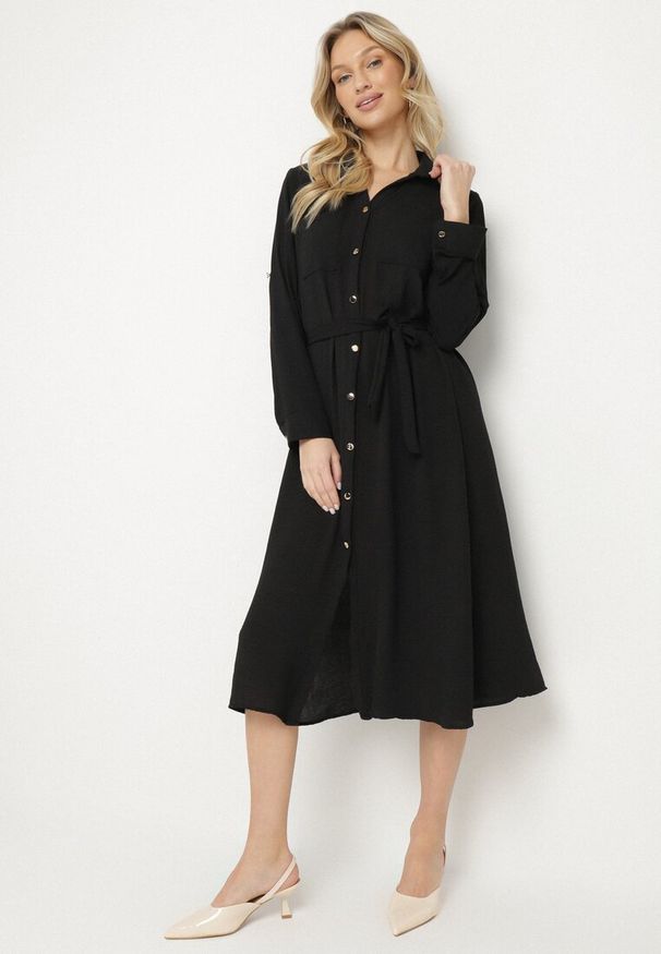 Born2be - Czarna Koszulowa Sukienka z Materiałowym Paskiem Vivinara. Okazja: na imprezę, na co dzień. Kolor: czarny. Materiał: materiał. Typ sukienki: koszulowe. Styl: casual, elegancki