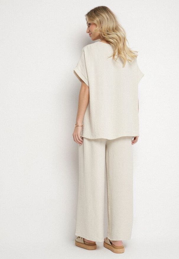 Born2be - Ciemnobeżowy Komplet z Bawełny T-shirt Oversize i Szerokie Spodnie Lavtebia. Kolor: beżowy. Materiał: bawełna