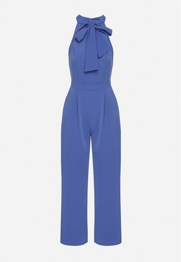 Born2be - Niebieski Kombinezon Bez Rękawów z Ozdobnym Wiązaniem i Szerokimi Nogawkami Silarine. Okazja: na co dzień. Kolor: niebieski. Materiał: jeans. Długość rękawa: bez rękawów. Styl: elegancki, casual, klasyczny, sportowy