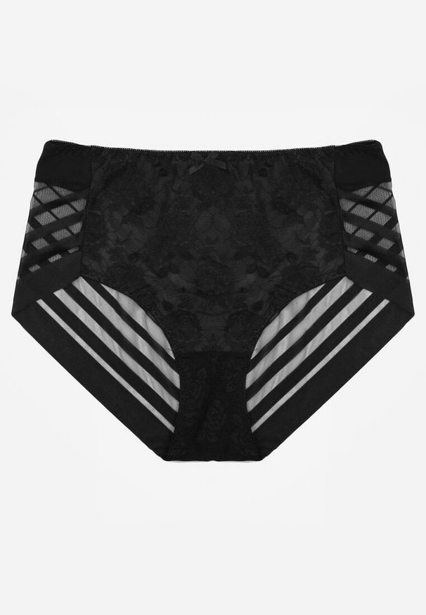 Born2be - Czarne Majtki Figi z Wysokim Stanem Zdobione Koronką i Siateczką Helieth. Stan: podwyższony. Kolekcja: plus size. Kolor: czarny. Materiał: koronka. Wzór: koronka, aplikacja