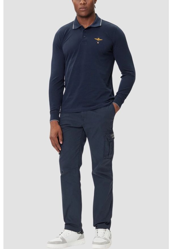Aeronautica Militare - AERONAUTICA MILITARE Granatowy bawełniany męski longsleeve polo, Rozmiar XXL. Okazja: na co dzień. Typ kołnierza: polo. Kolor: niebieski. Materiał: bawełna. Długość rękawa: długi rękaw. Styl: casual, sportowy