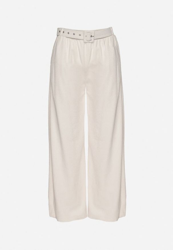 Born2be - Białe Szerokie Sztruksowe Spodnie z Wysokim Stanem i Materiałowy Paskiem Omerin. Okazja: na co dzień. Stan: podwyższony. Kolor: biały. Materiał: sztruks, materiał. Styl: wizytowy, casual, elegancki