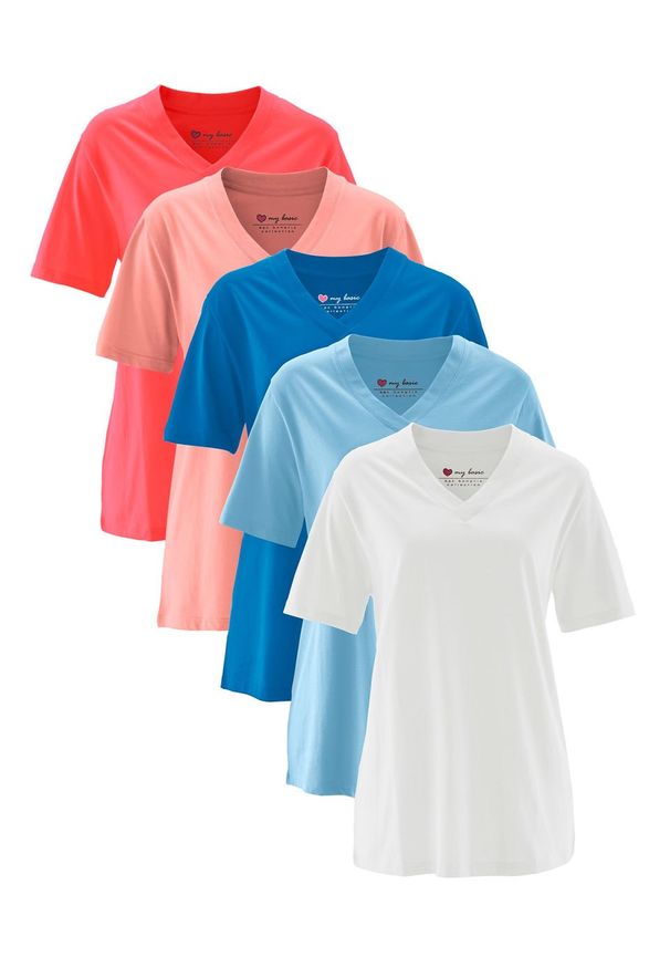 Długi shirt z dekoltem w szpic (5 sztuk), krótki rękaw bonprix jasny koralowy + koralowy + jasnoniebieski + lazurowy + biały. Kolor: pomarańczowy. Długość rękawa: krótki rękaw. Długość: krótkie
