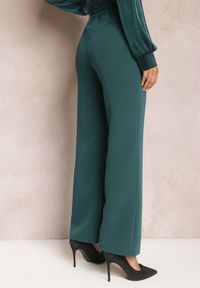 Renee - Ciemnozielone Szerokie Spodnie Materiałowe High Waist Dinnes. Stan: podwyższony. Kolor: zielony. Materiał: materiał. Wzór: gładki #5