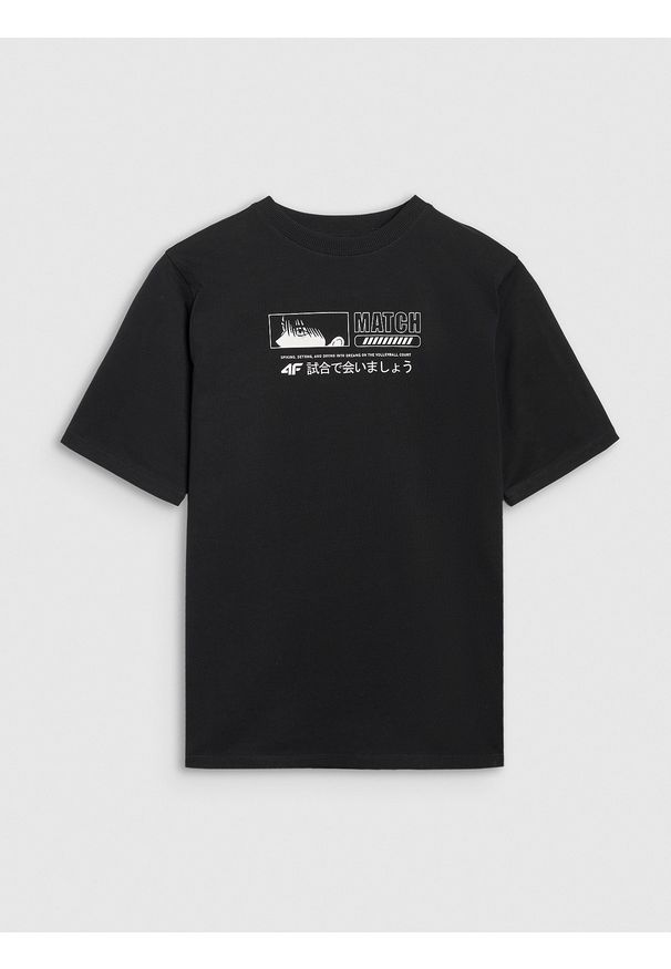 4f - 4F T-shirt oversize z nadrukiem chłopięcy - czarny 128 (7-8 lat). Okazja: na co dzień. Kolor: czarny. Materiał: jersey, bawełna, tkanina, materiał. Wzór: nadruk. Sezon: lato. Styl: sportowy, klasyczny, casual
