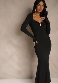 Renee - Czarna Sukienka Koktajlowa z Wiskozą i Metaliczną Klamrą przy Dekolcie Refire. Okazja: na imprezę. Kolor: czarny. Materiał: wiskoza. Styl: wizytowy. Długość: maxi #1