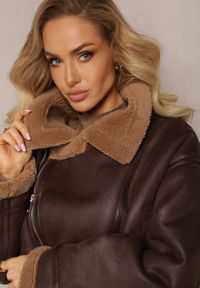 Renee - Brązowa Kurtka Biker z Ozdobnym Kożuszkiem Ophima. Kolor: brązowy. Materiał: futro. Styl: elegancki #2