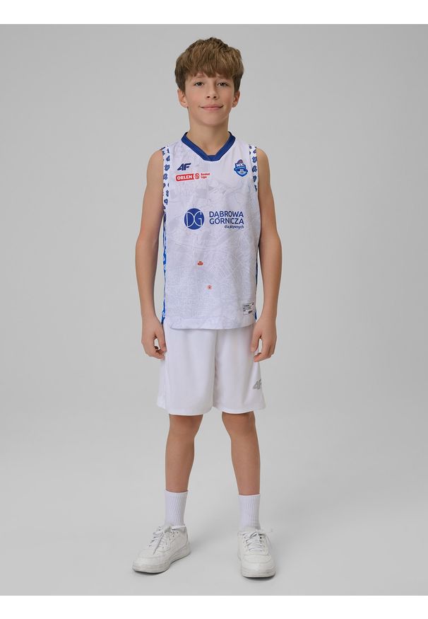 4f - 4F Koszulka meczowa replika domowa z sezonu 2025/26 dziecięca 4F x MKS Dąbrowa Górnicza - biała 110/116. Kolor: biały. Materiał: skóra, dzianina. Wzór: nadruk. Sezon: lato. Sport: fitness, koszykówka