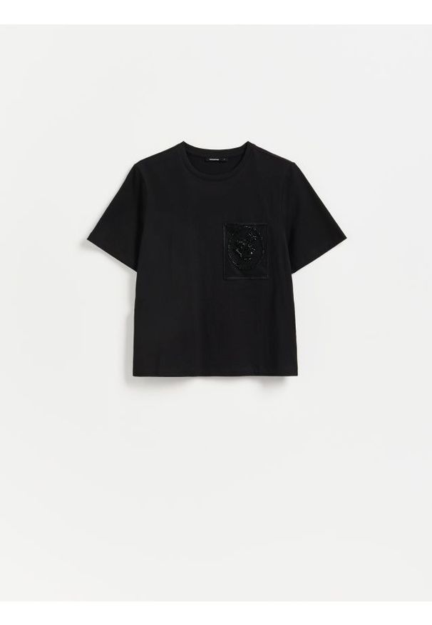 Reserved - T-shirt z ozdobną kieszonką - czarny. Kolor: czarny. Materiał: bawełna