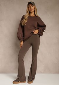 Renee - Brązowe Spodnie High Waist z Elastycznego Materiału z Gumką w Talii Dorra. Okazja: na co dzień, do pracy. Stan: podwyższony. Kolor: brązowy. Materiał: materiał. Styl: casual, elegancki, wizytowy