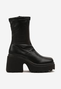 Born2be - Czarne Ocieplane Botki Vices na Słupku i Platformie z Przylegającą Cholewką Faleina. Okazja: na co dzień. Kolor: czarny. Materiał: jeans, futro. Szerokość cholewki: normalna. Obcas: na platformie. Styl: casual, elegancki #4