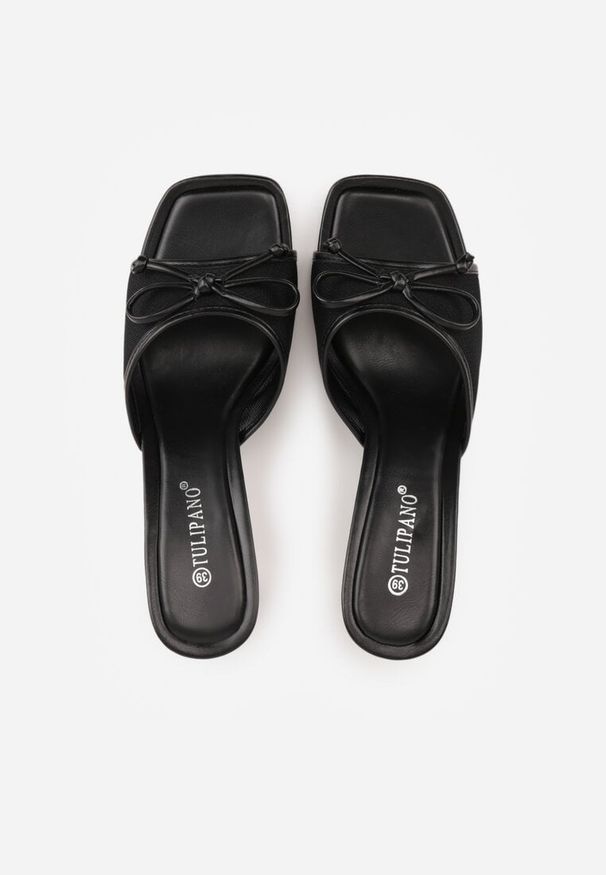 Renee - Czarne Klapki na Szpilce z Siateczkową Cholewką i Kokardą Brefia. Okazja: na co dzień. Kolor: czarny. Materiał: tiul. Obcas: na szpilce. Styl: casual. Wysokość obcasa: średni