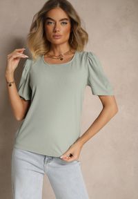 Renee - Zielony T-shirt z Prążkowanej Tkaniny z Zakładkami przy Rękawach Kolaniella. Kolor: zielony. Materiał: tkanina, prążkowany. Styl: elegancki