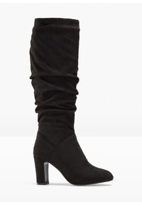 bonprix - Kozaki z marszczoną cholewką. Kolor: czarny. Materiał: skóra, welur. Szerokość cholewki: normalna. Obcas: na obcasie. Wysokość obcasa: średni #1