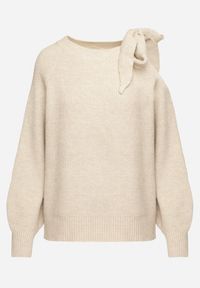 Born2be - Beżowy Sweter Ozdobiony Kokardą i Wycięciem Noredi. Okazja: na co dzień. Typ kołnierza: kokarda. Kolor: beżowy. Materiał: jeans. Długość: długie. Wzór: aplikacja. Sezon: zima, jesień. Styl: klasyczny, elegancki, casual #5