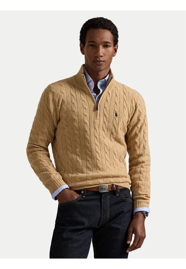 Polo Ralph Lauren Sweter 710876766006 Beżowy Regular Fit. Typ kołnierza: polo. Kolor: beżowy. Materiał: wełna