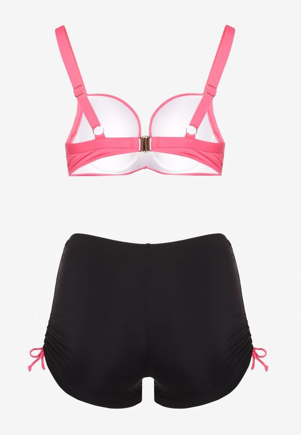Born2be - Fuksjowo-Czarne Bikini Biustonosz i Majtki ze Ściągaczami Ulonaniela. Kolekcja: plus size. Kolor: różowy. Wzór: aplikacja