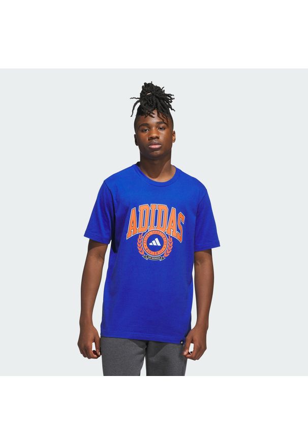 Adidas - Koszulka z grafiką Varsity Crest. Kolor: niebieski. Sport: fitness