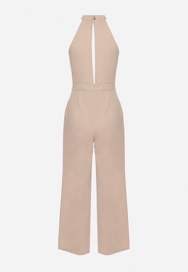 Born2be - Beżowy Kombinezon Bez Rękawów z Ozdobnym Wiązaniem i Szerokimi Nogawkami Silarine. Okazja: na co dzień. Kolor: beżowy. Materiał: jeans. Długość rękawa: bez rękawów. Styl: elegancki, casual, sportowy, klasyczny