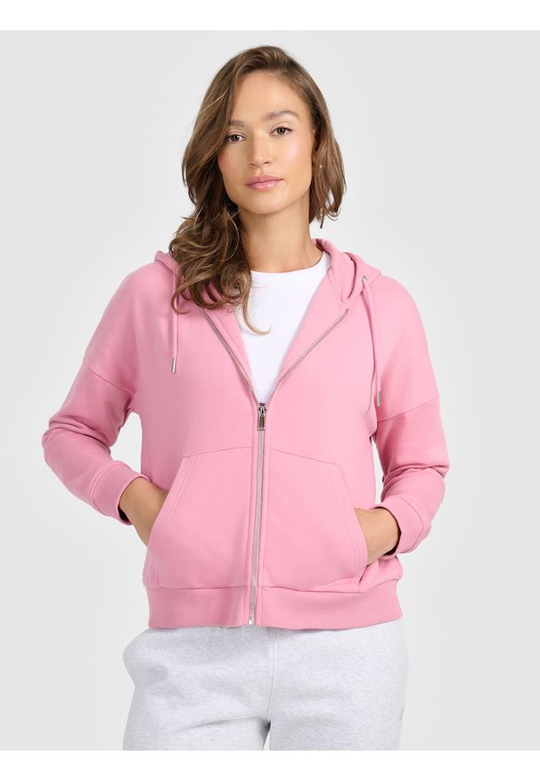 4f - 4F Bluza dresowa rozpinana z kapturem damska - różowy L. Okazja: na co dzień, na spacer. Typ kołnierza: kaptur. Kolor: różowy. Materiał: dresówka. Styl: casual. Sport: turystyka piesza