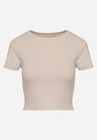 Born2be - Beżowy T-shirt z Prążkowanego Materiału o Krótkim Kroju Telunna. Okazja: na co dzień, na spotkanie biznesowe. Kolor: beżowy. Materiał: materiał, prążkowany. Długość: krótkie. Styl: biznesowy, klasyczny, elegancki, casual #3