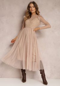 Renee - Beżowa Sukienka z Koronką i Tiulem Welvia. Kolor: beżowy. Materiał: tiul, koronka. Wzór: koronka #5