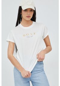 Roxy t-shirt bawełniany kolor biały. Okazja: na co dzień. Kolor: biały. Materiał: bawełna. Wzór: nadruk. Styl: casual