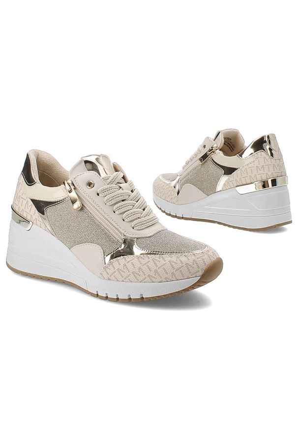 Beżowe Sneakersy Marco Tozzi Stylowe Obuwie Damskie Na Koturnie. Kolor: beżowy. Materiał: materiał. Wzór: nadruk. Obcas: na koturnie