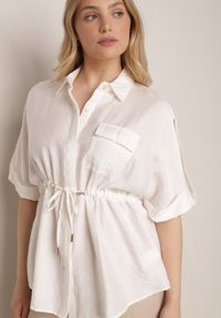 Born2be - Biała Nietoperzowa Koszula Safari z Bawełną z Wiązaniem w Talii Tierona. Okazja: do pracy, na co dzień, na spotkanie biznesowe. Kolor: biały. Materiał: bawełna. Długość: długie. Styl: biznesowy, casual #5