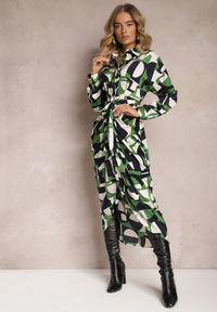 Renee - Zielona Koszulowa Sukienka Midi z Wiązanym Paskiem Elandrialia. Kolor: zielony. Materiał: materiał. Długość rękawa: długi rękaw. Typ sukienki: koszulowe. Długość: midi #5