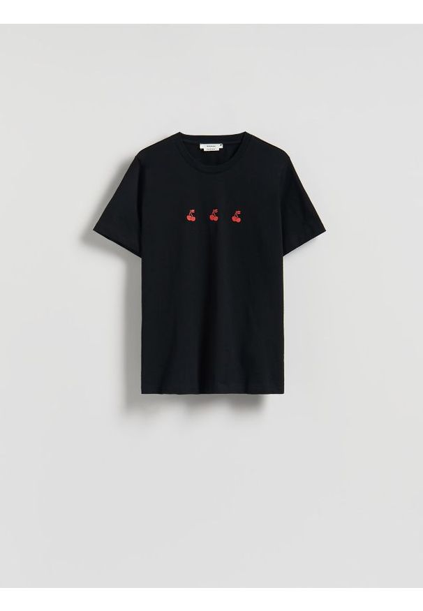 Reserved - T-shirt regular z haftem - czarny. Kolor: czarny. Materiał: bawełna. Wzór: haft