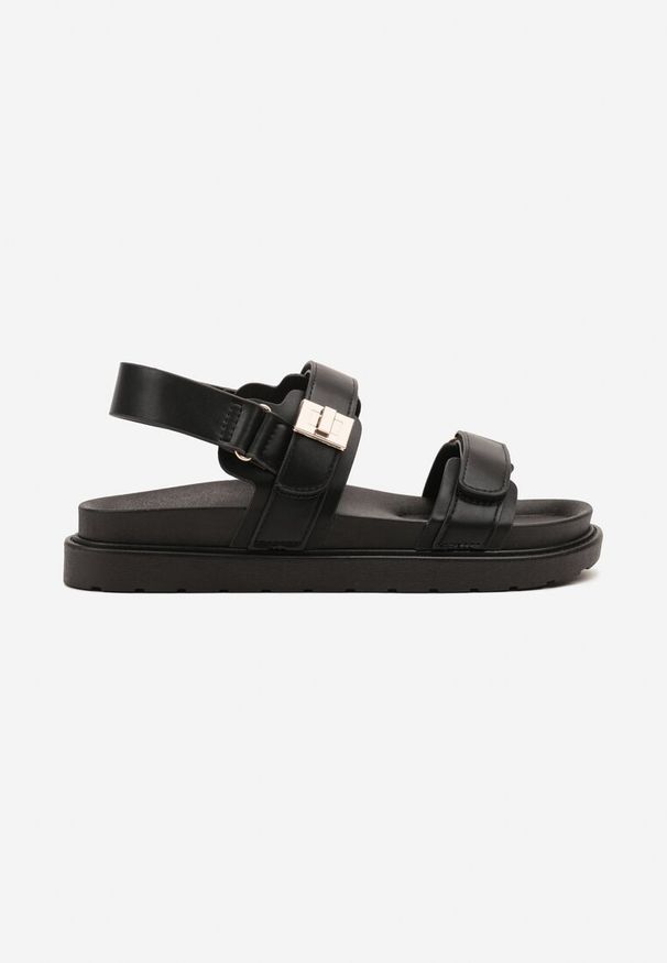 Renee - Czarne Sandały z Metaliczną Ozdobą Falanelis. Okazja: na co dzień. Zapięcie: rzepy. Kolor: czarny. Materiał: jeans. Wzór: aplikacja. Obcas: na obcasie. Styl: elegancki, casual