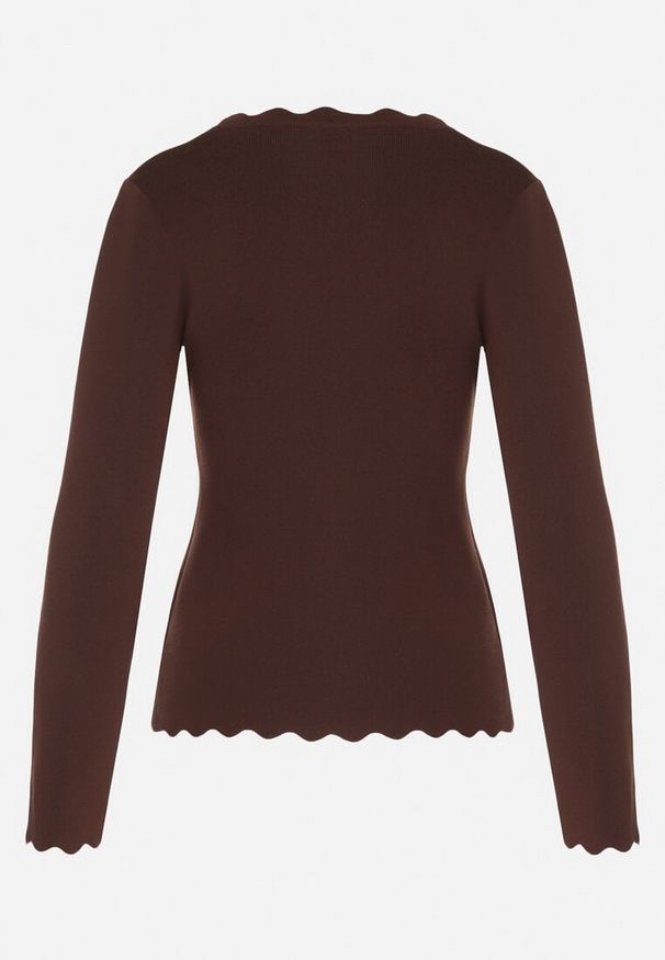 Born2be - Brązowy Sweter z Wiskozą Ozdobiony Falbankami Mevita. Typ kołnierza: kołnierz z falbankami. Kolor: brązowy. Materiał: wiskoza. Wzór: aplikacja. Styl: klasyczny, elegancki