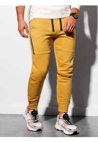 Ombre Clothing - Spodnie męskie dresowe joggery P919 - żółte - XXL. Kolor: żółty. Materiał: dresówka. Wzór: nadruk