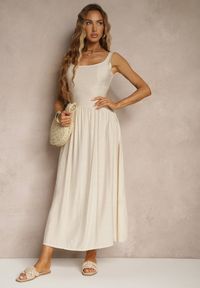 Renee - Beżowa Rozkloszowana Sukienka z Wiskozy Milunisa. Okazja: na co dzień. Kolor: beżowy. Materiał: wiskoza. Typ sukienki: rozkloszowane. Styl: klasyczny, elegancki, casual #5