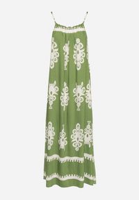 Born2be - Zielona Sukienka o Rozkloszowanym Kroju na Ramiączkach w Etniczny Wzór Revoniae. Okazja: na co dzień. Typ kołnierza: dekolt w kształcie V. Kolor: zielony. Długość rękawa: na ramiączkach. Styl: casual, elegancki #7