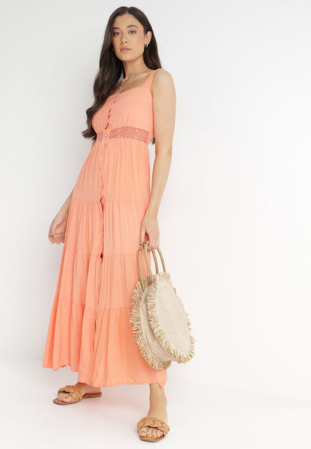 Born2be - Pomarańczowa Sukienka Fahiza. Typ kołnierza: dekolt kwadratowy. Kolor: różowy. Materiał: tkanina, wiskoza. Długość rękawa: na ramiączkach. Wzór: ażurowy, gładki. Sezon: lato. Styl: boho