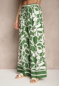Renee - Zielone Spodnie o Szerokim Kroju High Waist w Kwiaty Nelrive. Okazja: na co dzień, na spacer. Stan: podwyższony. Kolor: zielony. Wzór: kwiaty. Styl: klasyczny, elegancki, casual #4