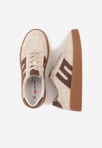 Renee - Beżowe Sneakersy Skórzane w Stylu Tenisówek z Geometrycznym Wzorem Eshiryla. Okazja: na co dzień. Kolor: beżowy. Materiał: skóra. Wzór: geometria #5