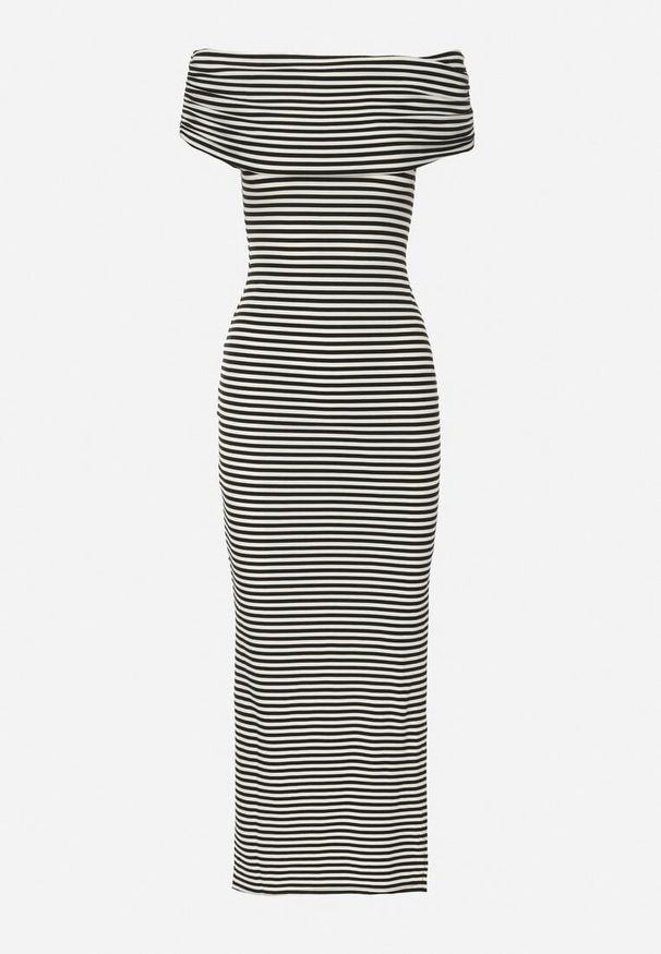 Born2be - Czarno-Biała Sukienka Typu Hiszpanka z Rozcięciem u Dołu w Paski Vikittas. Okazja: na co dzień, na spacer. Typ kołnierza: dekolt hiszpanka. Kolor: czarny. Materiał: wiskoza. Wzór: paski. Sezon: lato. Typ sukienki: proste. Styl: casual