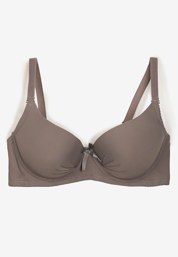 Renee - Szary Casualowy Gładki Biustonosz z Ozdobną Kokardką i Regulowanymi Ramiączkami Kenssin. Kolor: szary. Materiał: dzianina. Wzór: gładki