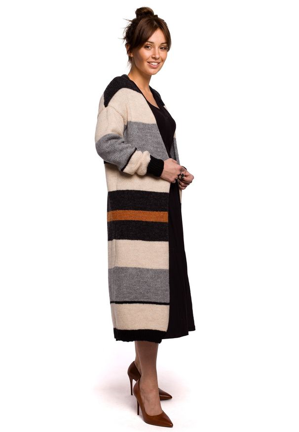 BE Knit - Kardigan z unikalnym wzorem w kolorowe poziome pasy. Materiał: poliester, wełna. Długość rękawa: długi rękaw. Długość: długie. Wzór: kolorowy