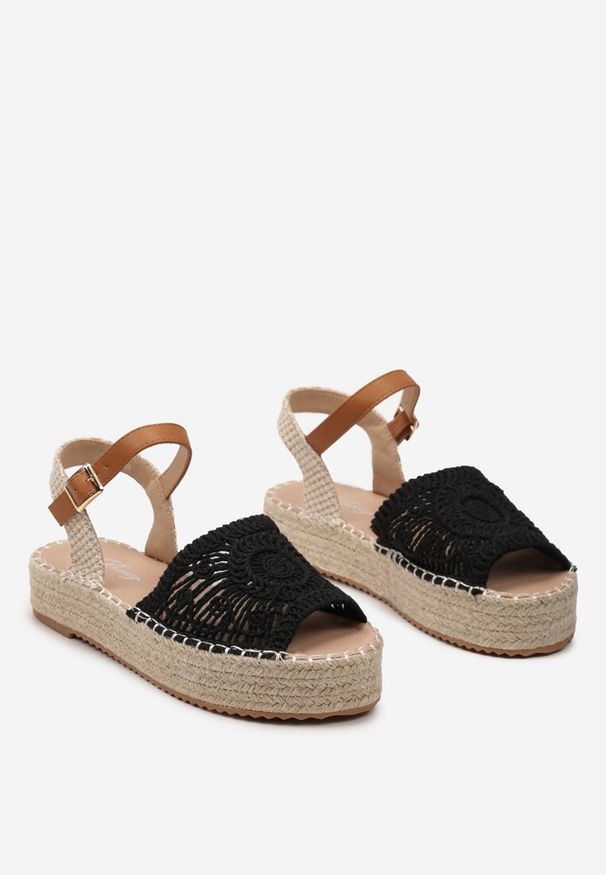 Born2be - Czarne Sandały Espadryle na Platformie z Juty z Plecionym Noskiem Peralla. Okazja: na spacer. Kolor: czarny. Materiał: jeans. Wzór: aplikacja. Sezon: lato. Obcas: na platformie