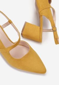 Born2be - Żółte Czółenka Physalaira. Nosek buta: otwarty. Zapięcie: pasek. Kolor: żółty. Materiał: skóra ekologiczna, jeans. Wzór: gładki, geometria. Obcas: na obcasie. Wysokość obcasa: średni #5