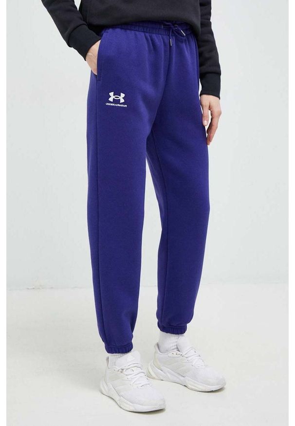 Under Armour spodnie dresowe damskie kolor granatowy gładkie. Stan: podwyższony. Kolor: niebieski. Materiał: dresówka. Wzór: gładki