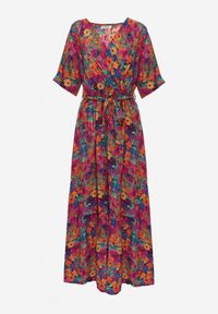 Renee - Różowa Sukienka z Wiskozy Lylian. Kolor: różowy. Materiał: wiskoza. Wzór: aplikacja, kwiaty. Sezon: lato. Typ sukienki: kopertowe. Styl: elegancki, retro. Długość: maxi #2