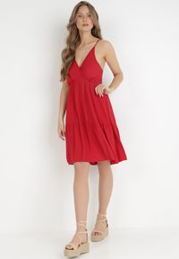 Born2be - Bordowa Sukienka z Wiskozy Aikena. Kolor: czerwony. Materiał: wiskoza. Długość rękawa: na ramiączkach. Typ sukienki: kopertowe. Długość: mini #5