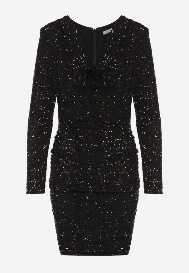 Born2be - Czarna Dopasowana Sukienka Wieczorowa z Lejącym Dekoltem i Cekinami Siwedea. Okazja: na wesele, na ślub cywilny. Kolor: czarny. Materiał: poliester. Długość rękawa: długi rękaw. Wzór: aplikacja. Styl: wizytowy