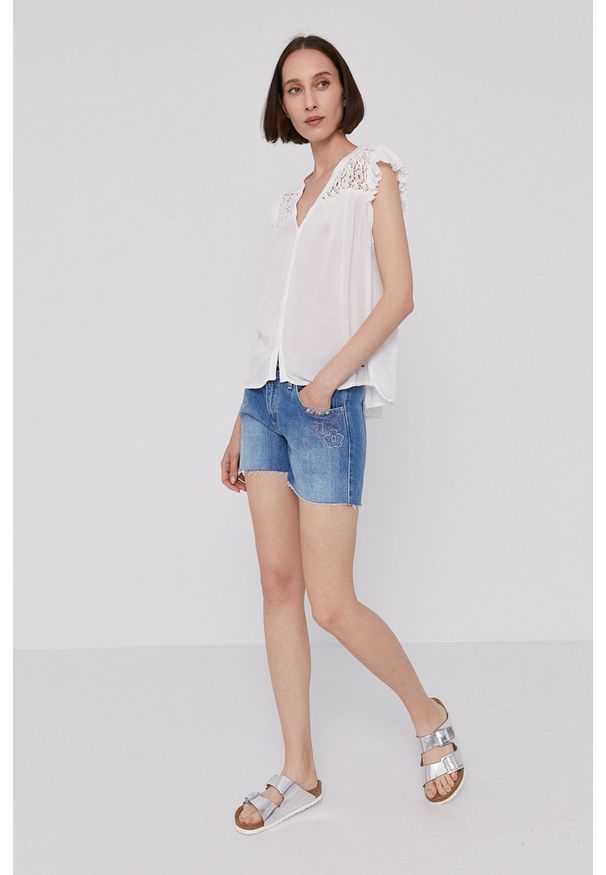 Pepe Jeans Szorty damskie z aplikacją medium waist. Okazja: na co dzień. Kolor: niebieski. Wzór: aplikacja. Styl: casual
