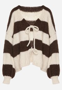 Born2be - Brązowy Wiązany Kardigan Oversize w Paski z Dodatkiem Wełny i Wiskozy Retire. Kolor: brązowy. Materiał: wełna, wiskoza. Wzór: paski #7